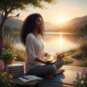 Femme méditant au bord d'un lac, entourée de livres sur le développement personnel et le bien-être