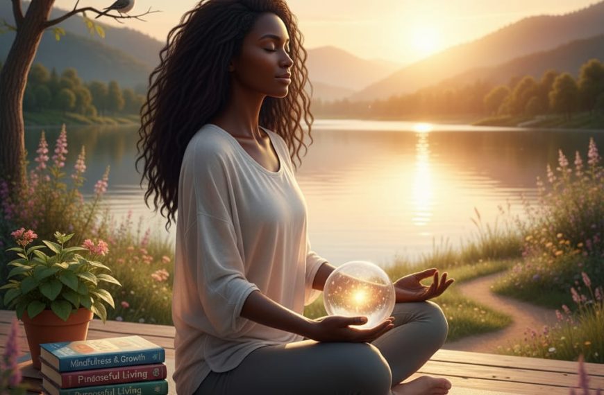 Femme méditant au bord d'un lac, entourée de livres sur le développement personnel et le bien-être